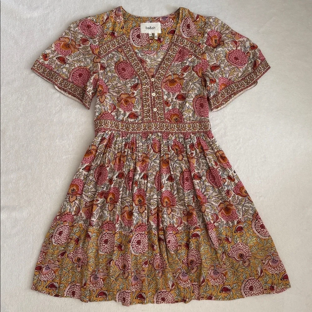 ba&sh | Valia Mixed Floral Print Short Sleeve Boho Mini Dress 1E22VALI Ocre (XS) - Picture 2 of 16